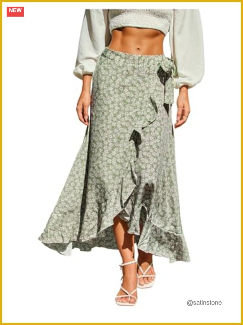 Flowy Floral Print Wrap Skirt with Ruffle Hem High Waist Tie Side